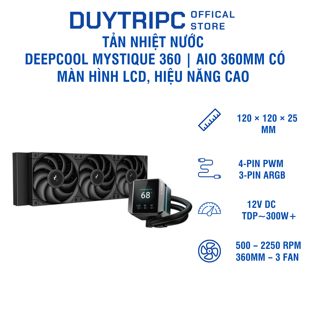 Tản nhiệt nước DeepCool Mystique 360 | AIO 360mm có màn hình LCD, hiệu năng cao – BH 24 tháng
